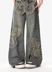 New Blue Detachable Butterfly Patch Denim Straight Leg Pants Spring