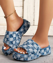 New Blue Platform Bottom Denim Tassel Checkered Slide Sandals