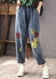 New Blue Pockets Elastic Waist Patchwork Jeans Spring