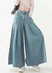 New Blue Pockets High Waist Denim Wide Leg Pants Spring