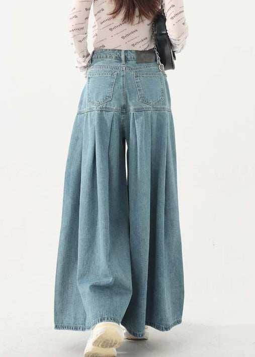 New Blue Pockets High Waist Denim Wide Leg Pants Spring