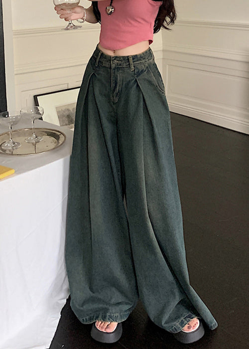 New Blue Pockets High Waist Denim Wide Leg Pants Summer