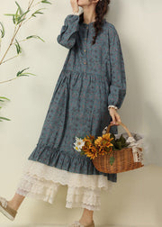 New Blue Print Lace Patchwork Cotton Long Dresses Spring