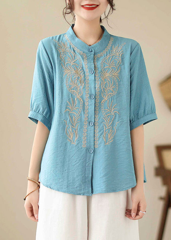 New Blue Stand Collar Button Embroideried Cotton Shirt Summer