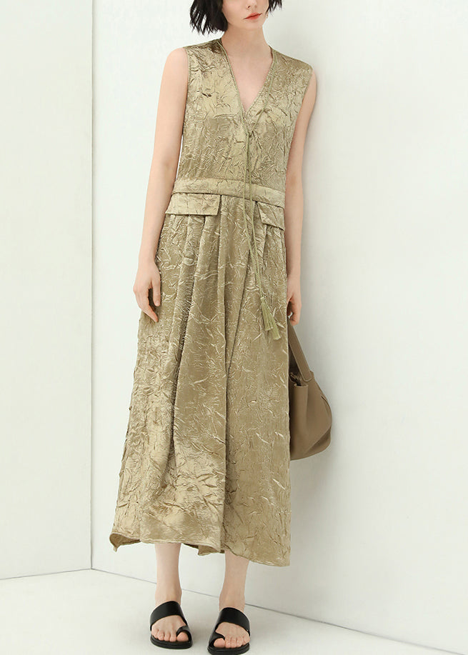 New Champagne V Neck Tasseled Silk Long Dresses Sleeveless