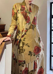 New Chinese Style Notched Rose Print Cotton Two Pieces Spring