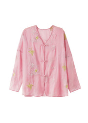 New Chinese Style Pink V Neck Embroidered Organza Coat Top Fall