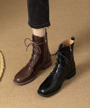 New Cowhide Leather Boots Zippered Lace Up Splicing Brown