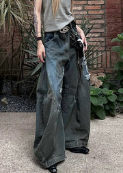 New Dark Gray Hole Pockets Denim Wide Leg Pants Summer