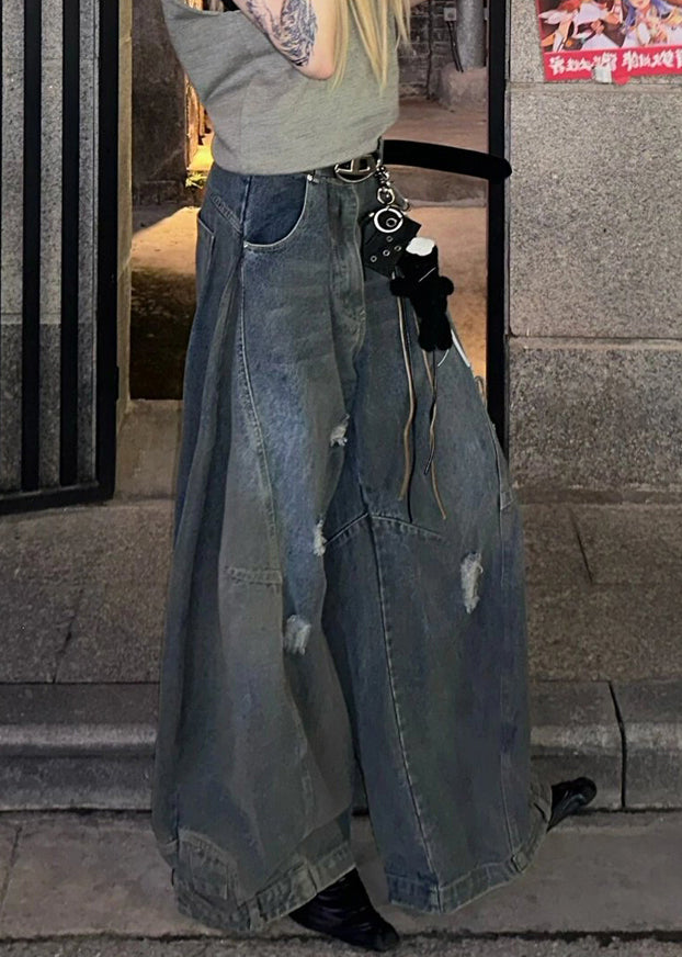 New Dark Gray Hole Pockets Denim Wide Leg Pants Summer