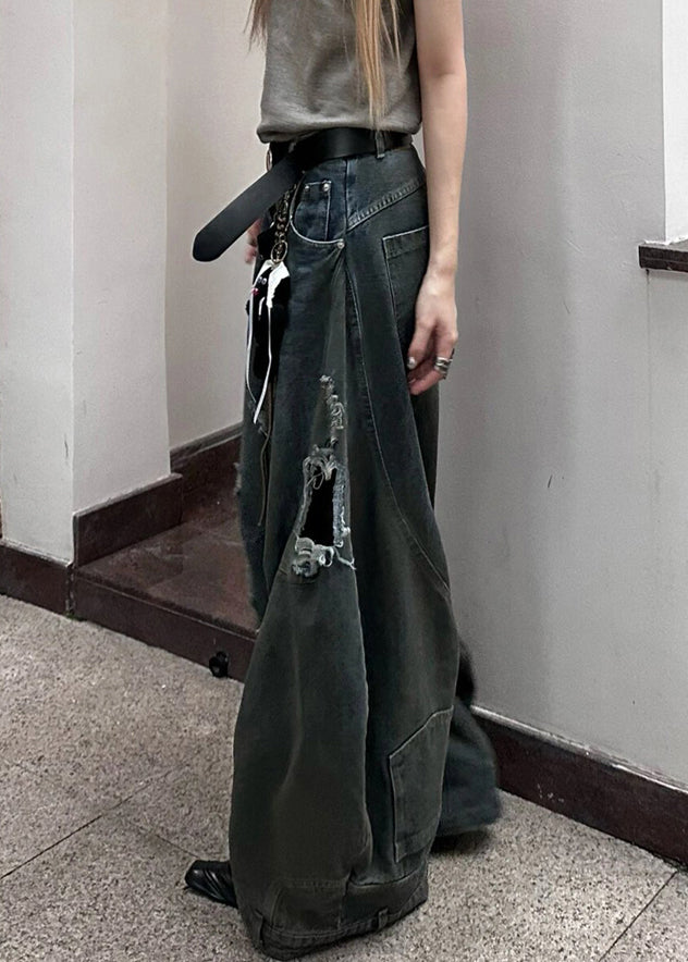 New Dark Gray Hole Pockets Denim Wide Leg Pants Summer