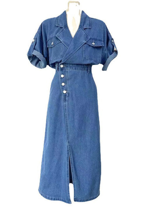 New Denim Blue Button Side Open Denim Dress Summer