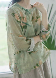 New Green Button Print Cotton Shirt Long Sleeve