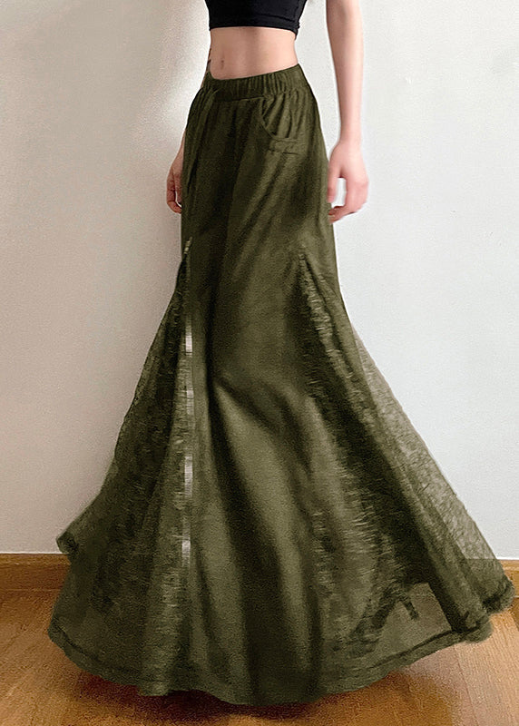 New Green Elastic Waist Lace Patchwork Maxi Skirts Summer