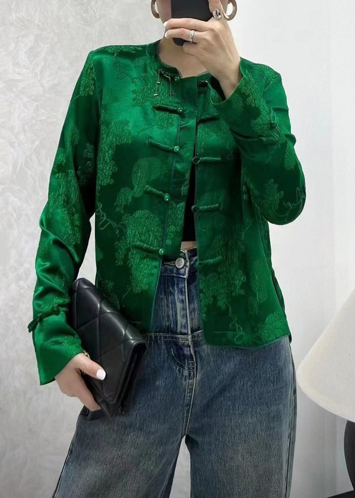 New Green Print Button Silk Shirts Coats Long Sleeve