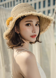 New Khaki Fuzzy Ball Decorated Foldable Straw Woven Bucket Hat