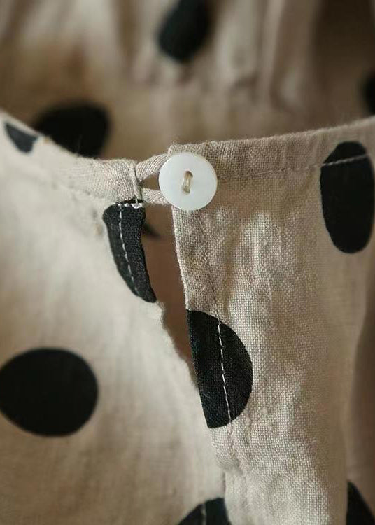 New Khaki O Neck Dot Pockets Linen Dress Half Sleeve