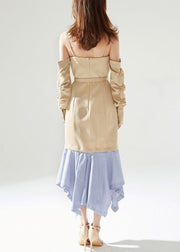 New Khaki Zippered Removable Sleeves Patchwork Cotton Dresses Long Sleeve