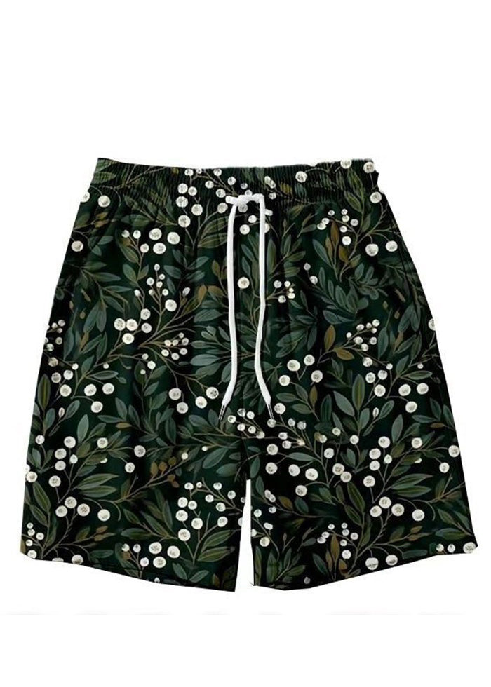 New Light Khaki Lace Up Print Elastic Waist Cotton Mens Shorts Summer