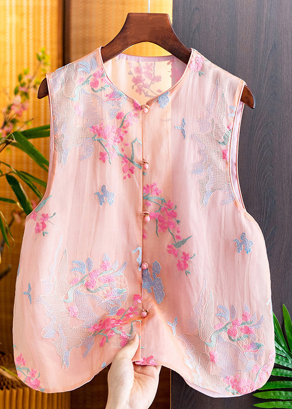 New Pink O-Neck Embroidered Button Silk Waistcoat Sleeveless