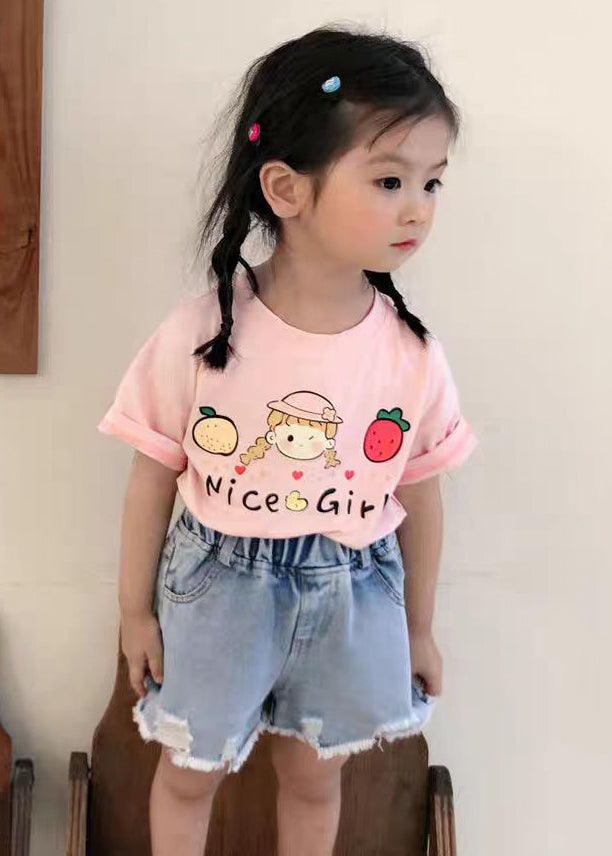 New Pink O Neck Print Cozy Cotton Girls T Shirts Summer