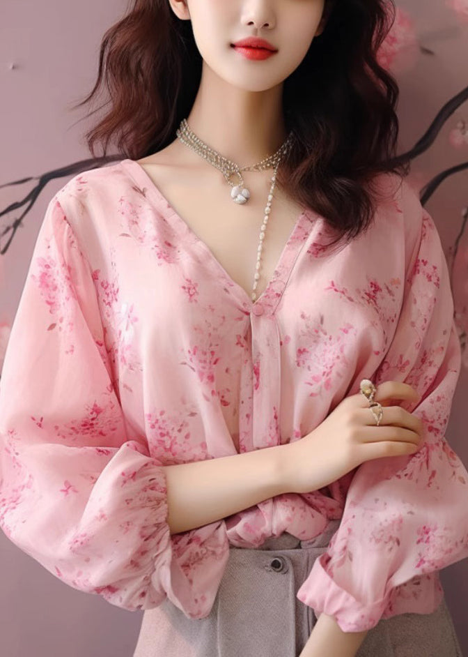 New Pink V Neck Print Chiffon Shirt Long Sleeve