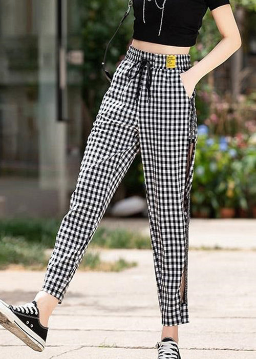 New Plaid Pockets Elastic Waist Ice Silk Crop Pants Summer