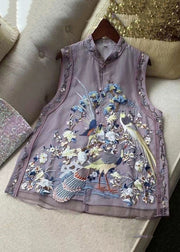 New Purple Embroidered Button Tulle Waistcoat Sleeveless