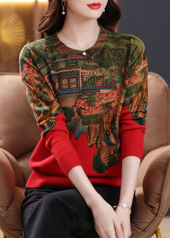 New Red Print Zircon Patchwork Knit Top Spring