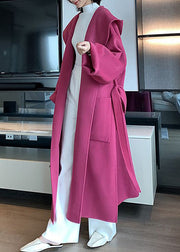 New Rose Hooded Pockets Tie Waist Woolen Long Coat Spring