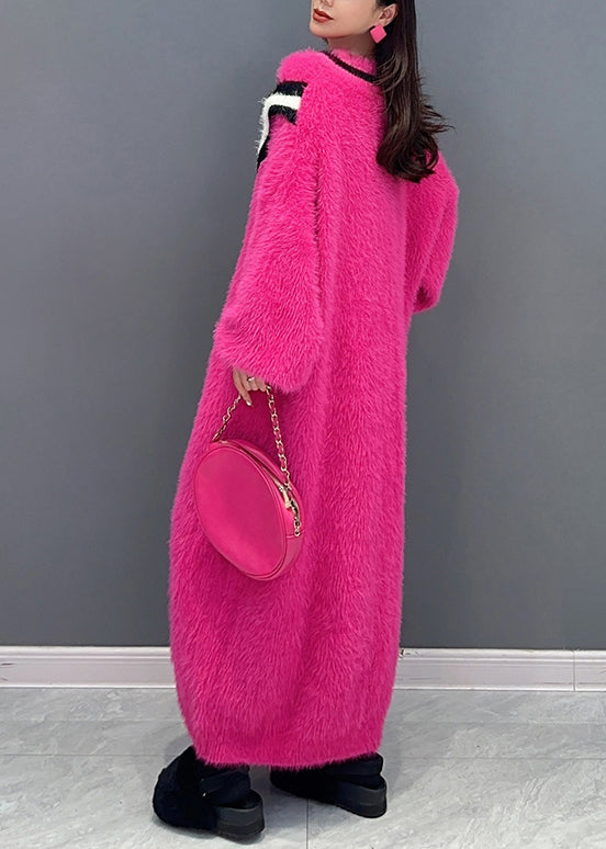 New Rose V Neck Patchwork Mink Velvet Maxi Dresses Long Sleeve