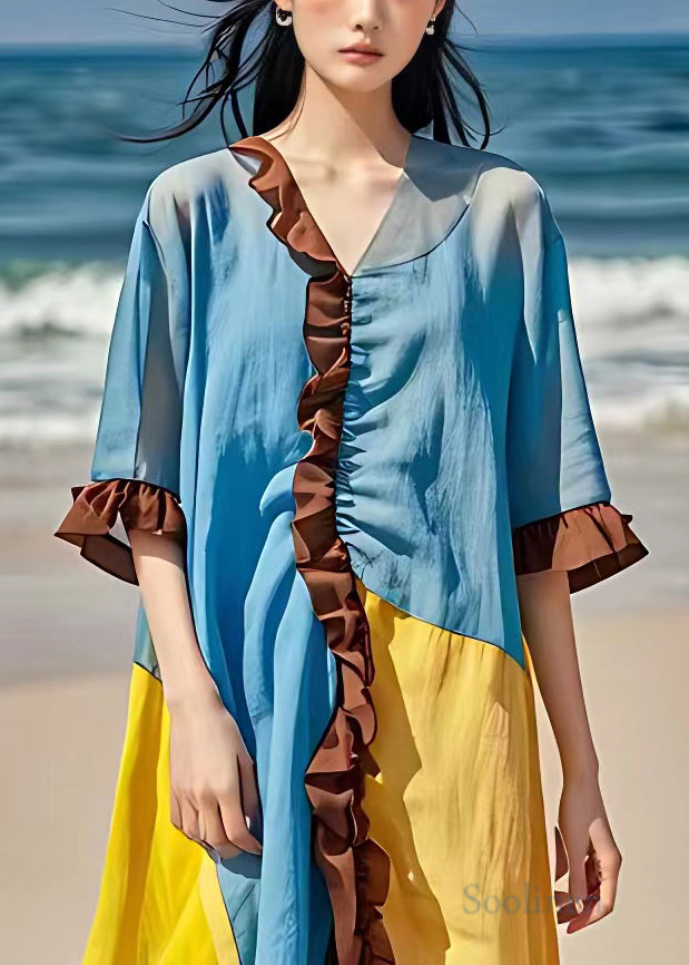 New Sky Blue V Neck Ruffled Patchwork Cotton Dress Butterfly Sleeve