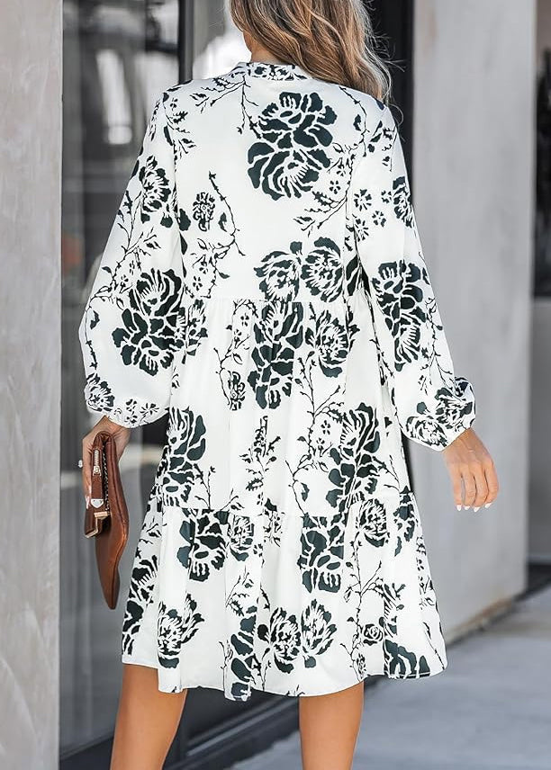 New White Button Print High Waist Cotton Dresses Long Sleeve