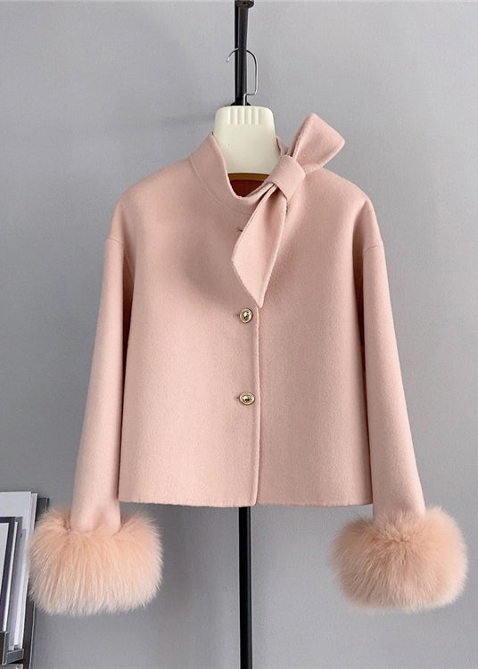 New White Wool Bow Button Fox Hair Cuff Short Coat Winter