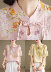 New Yellow Chinese Button Print Cotton Shirts Summer