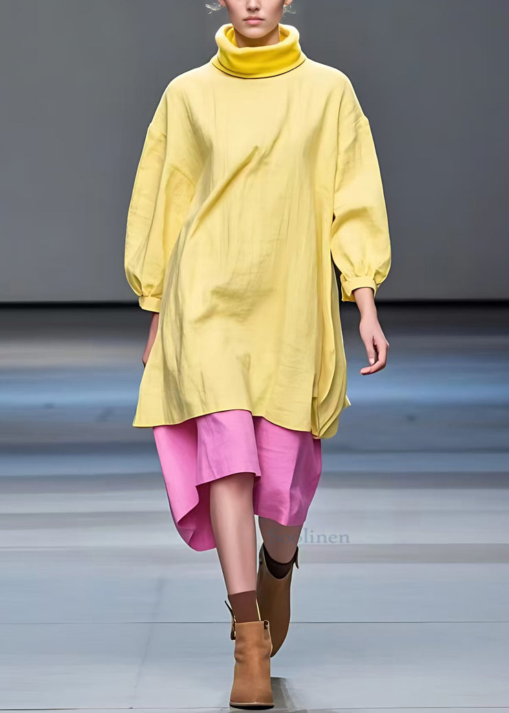 New Yellow Turtleneck Solid Patchwork Cotton Dress Fall