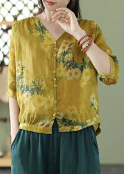 New Yellow V Neck Print Cotton T Shirt Half Sleeve