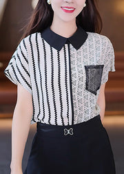 Novelty Graphic Peter Pan Collar Striped Patchwork Shirt Short Sleeve