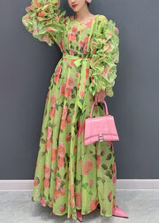 Novelty Green Ruffled Print Chiffon Dresses Long Sleeve