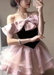 Novelty Pink Bow Zircon Tulle Patchwork Mid Dress Summer