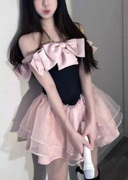 Novelty Pink Bow Zircon Tulle Patchwork Mid Dress Summer