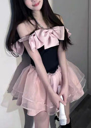 Novelty Pink Bow Zircon Tulle Patchwork Mid Dress Summer