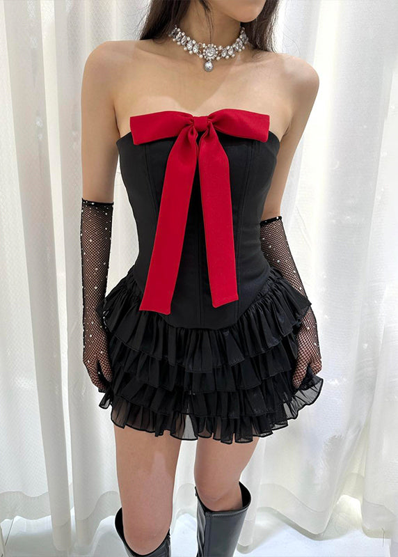 Novelty Red Cold Shoulder Bow Cotton Two Pieces Set Sleeveless