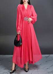 Novelty Red V Neck Wrinkled Chiffon Long Dress Fall