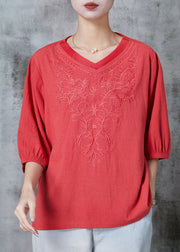 Orange Cotton Shirt Tops V Neck Embroidered Half Sleeve