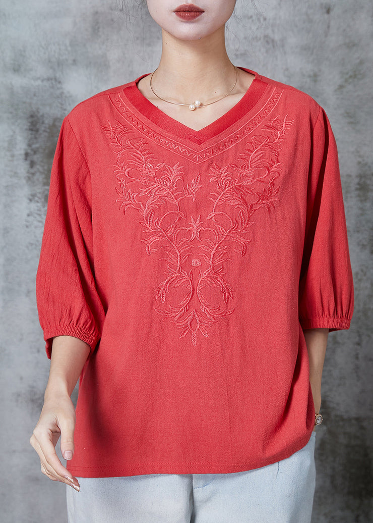 Orange Cotton Shirt Tops V Neck Embroidered Half Sleeve