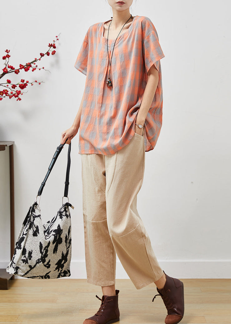 Orange Plaid Fine Linen Two Pieces Set O-Neck Oversized Summer