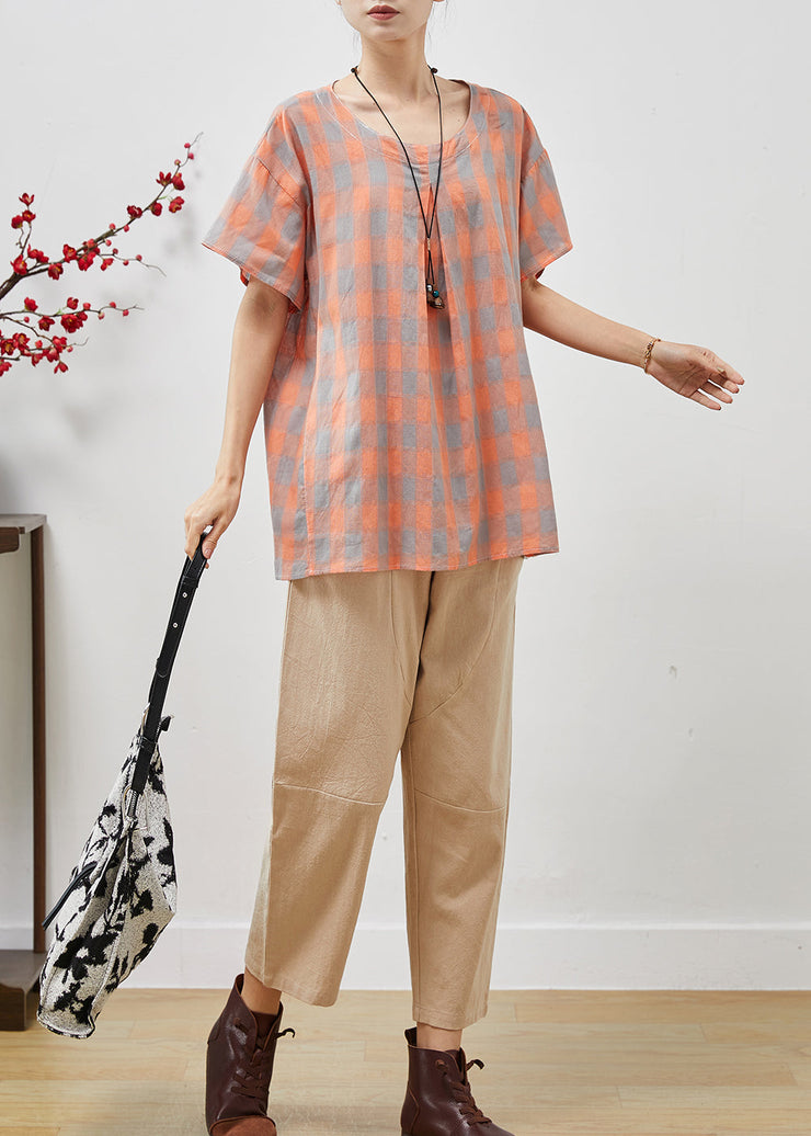 Orange Plaid Fine Linen Two Pieces Set O-Neck Oversized Summer