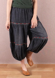 Organic Black Grey Embroidered Patchwork Denim Lantern Trousers Summer