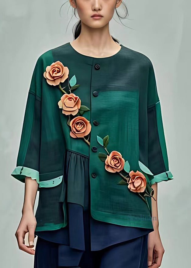 Organic Green Asymmetrical Floral Wrinkled Shirt Half Sleeve